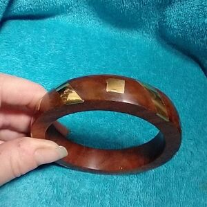 Elegant Brown Wood and Brass Inlay Bangle Bracelet Thick Vintage